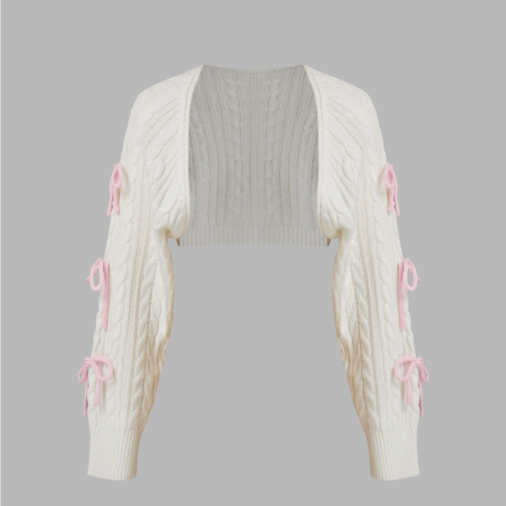 Cable knit bow tie long sleeve shrug